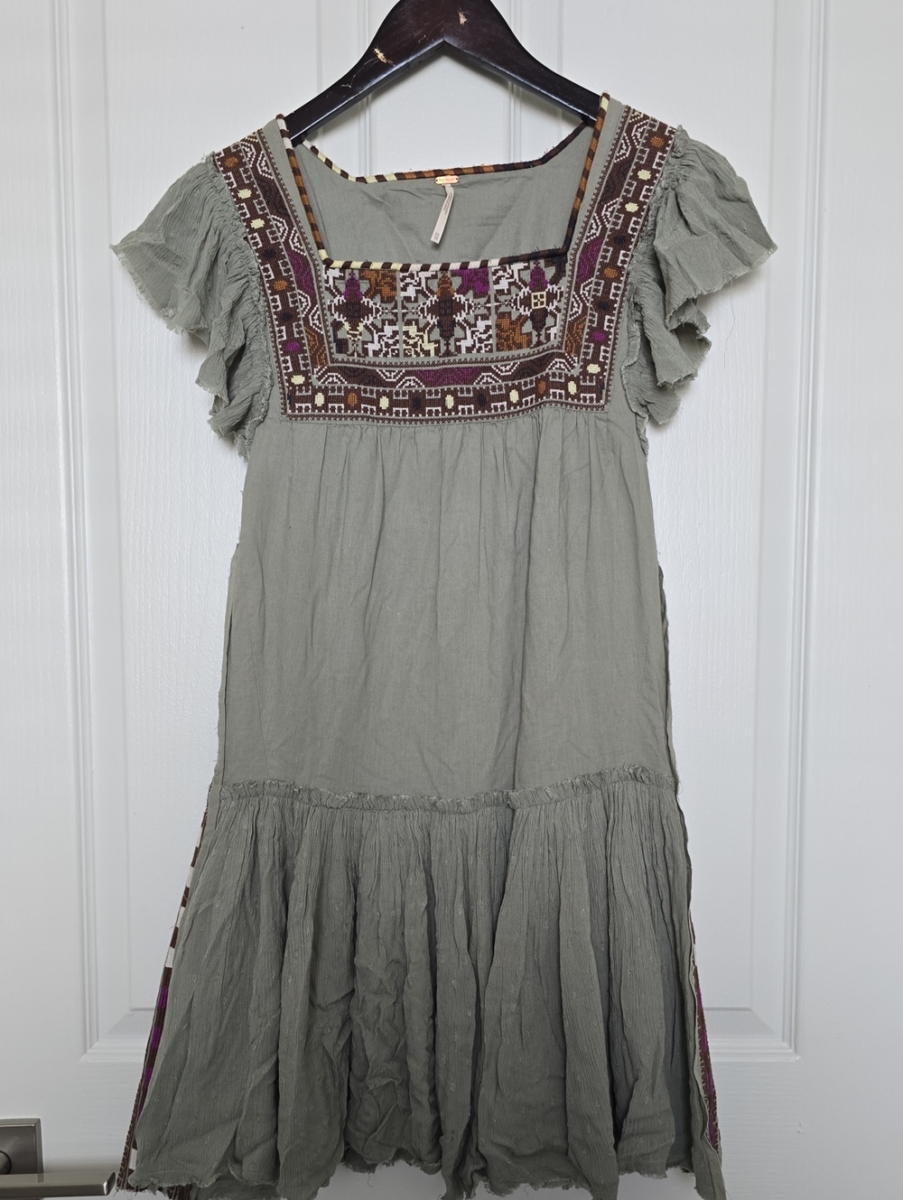 Free People Olive Green Embroidered Square-Yoke Midi Dress with Multicolor Trim
